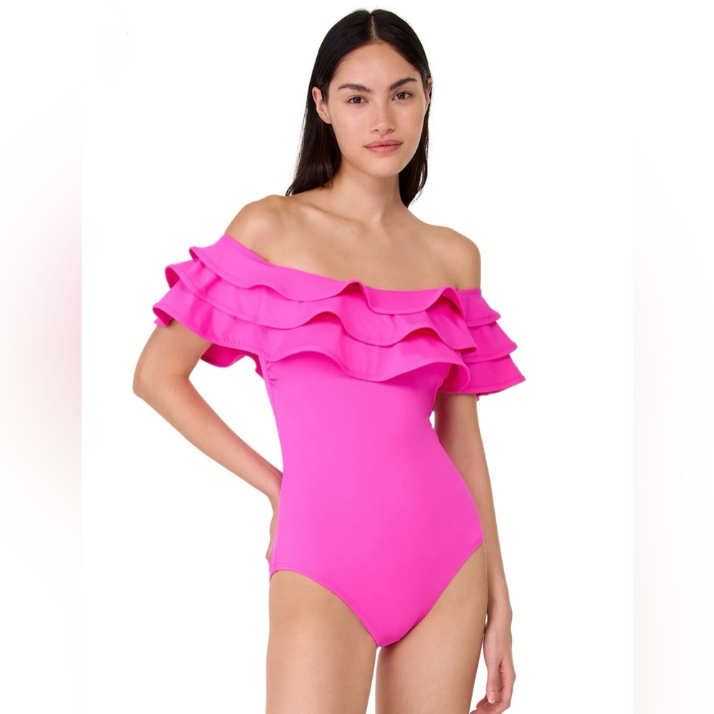 🆕 Kate Spade Hot Pink Ruffle Off Shoulder One-Piece Swimsuit